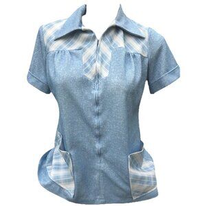 Vtg 70s JCPenney Poly Womens Zip Up Short Sleeve Shirt Blue Gingham Med Work